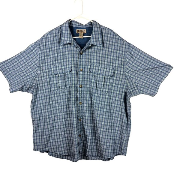 Duluth Mens Blue Plaid Short Sleeve Camp Shirt 3XL Nylon Blend Vented Back - Picture 1 of 5